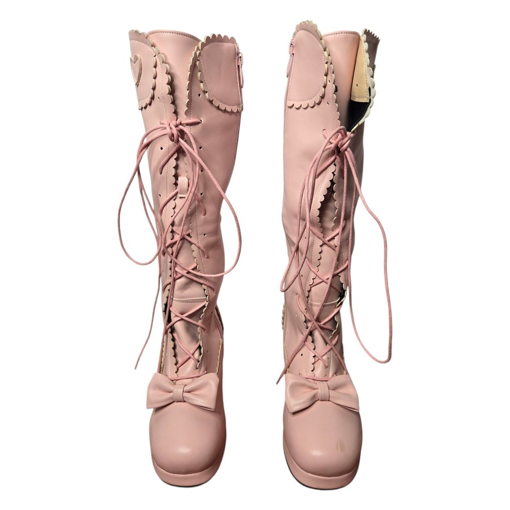 Sweet Lolita Knee High Boots 34 Pink Bow Heart Lace-Up Kawaii Coquette Dollcore